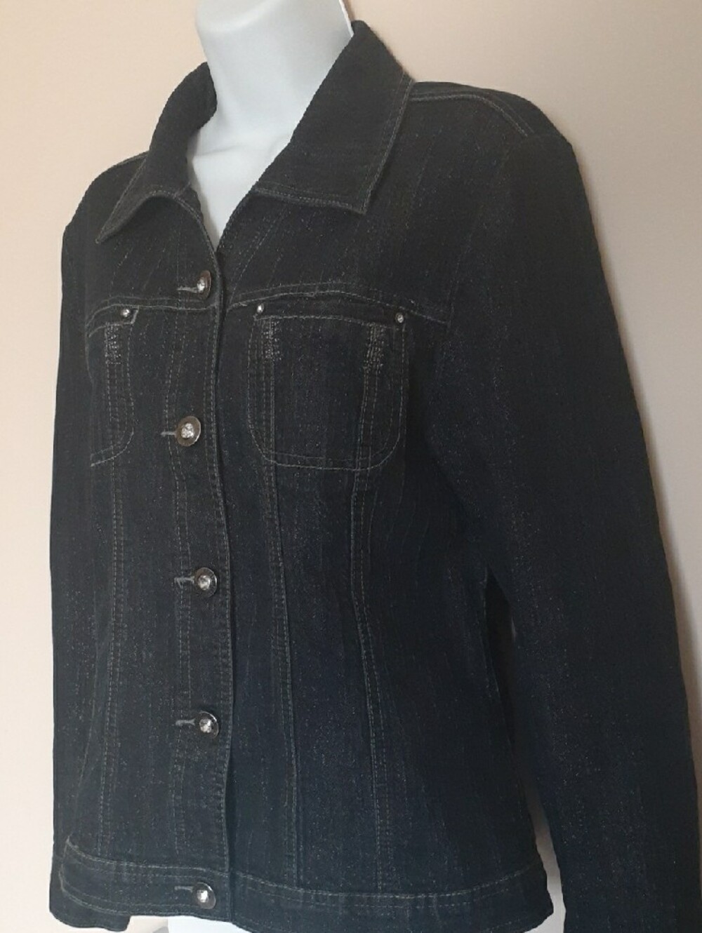Simon Chang Black Jean Jacket with Subtle Metallic Thread - Sz 10 - Picture 4 of 13